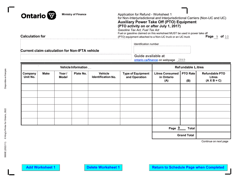 Form 9988E Application for Refund - Summary Auxiliary Power Take off (Pto) Equipment (Pto Activity on or After July 1, 2017) - Ontario, Canada, Page 11