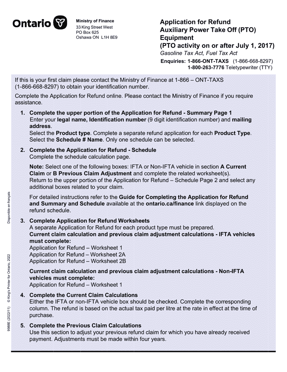 Form 9988E Application for Refund - Summary Auxiliary Power Take off (Pto) Equipment (Pto Activity on or After July 1, 2017) - Ontario, Canada, Page 1