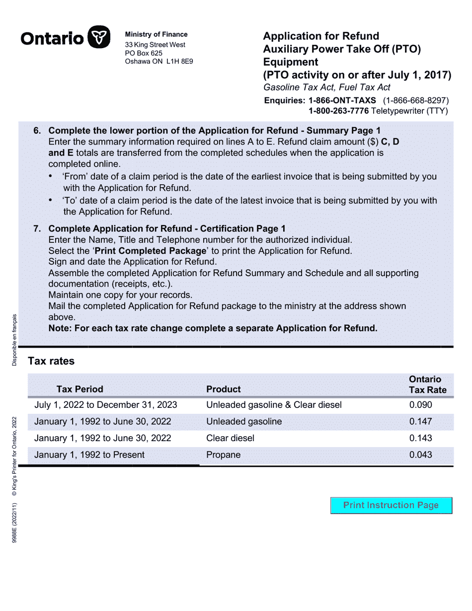 Form 9988E Application for Refund - Summary Auxiliary Power Take off (Pto) Equipment (Pto Activity on or After July 1, 2017) - Ontario, Canada, Page 2
