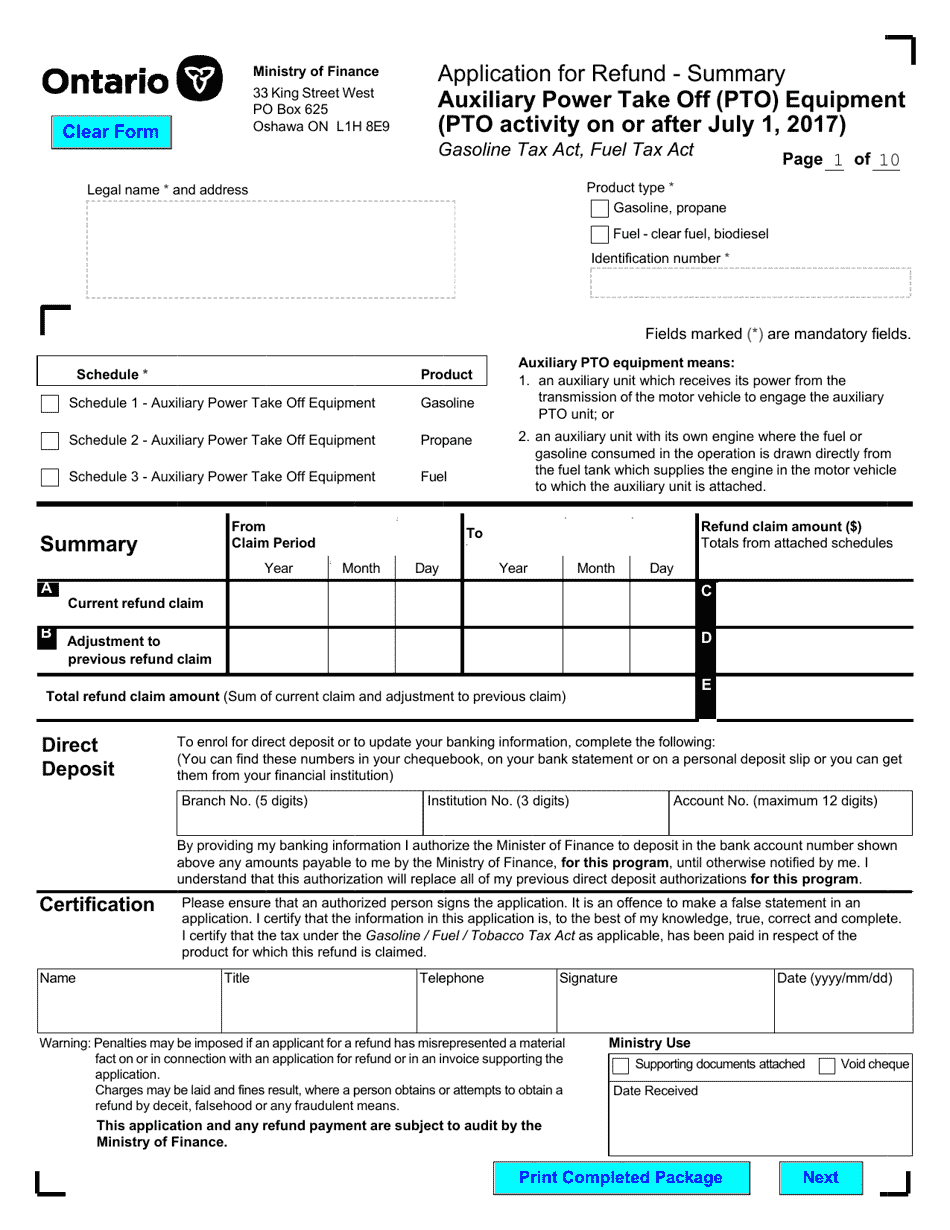 Form 9988E Application for Refund - Summary Auxiliary Power Take off (Pto) Equipment (Pto Activity on or After July 1, 2017) - Ontario, Canada, Page 3