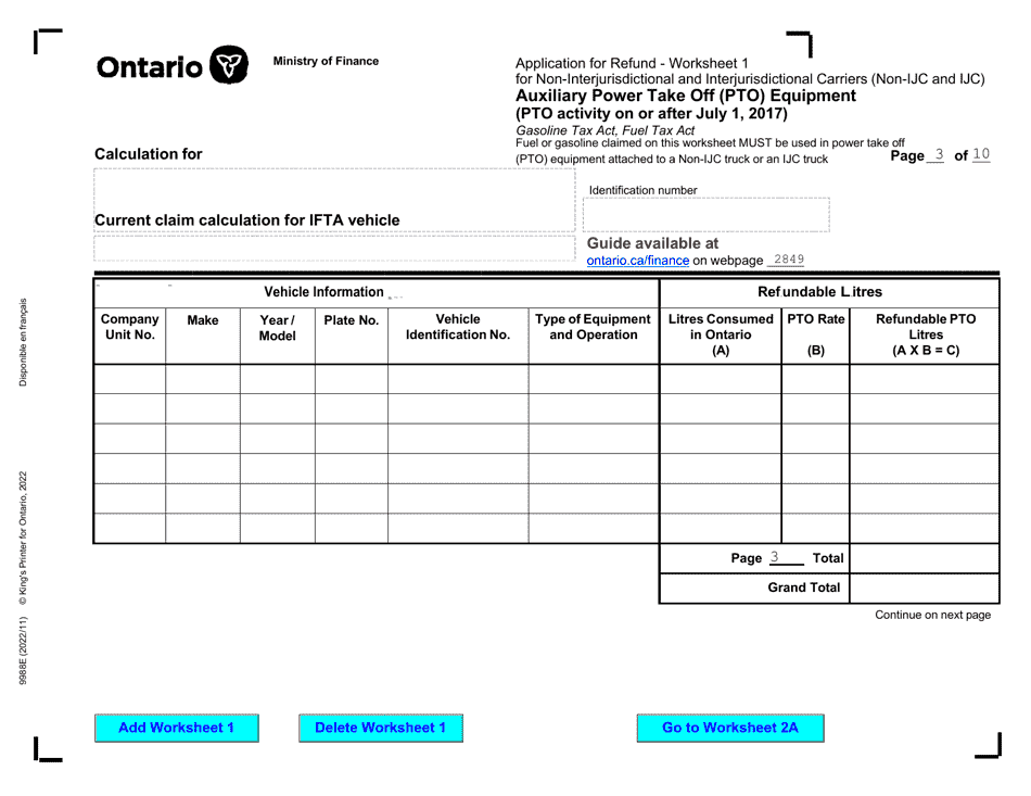 Form 9988E Application for Refund - Summary Auxiliary Power Take off (Pto) Equipment (Pto Activity on or After July 1, 2017) - Ontario, Canada, Page 5