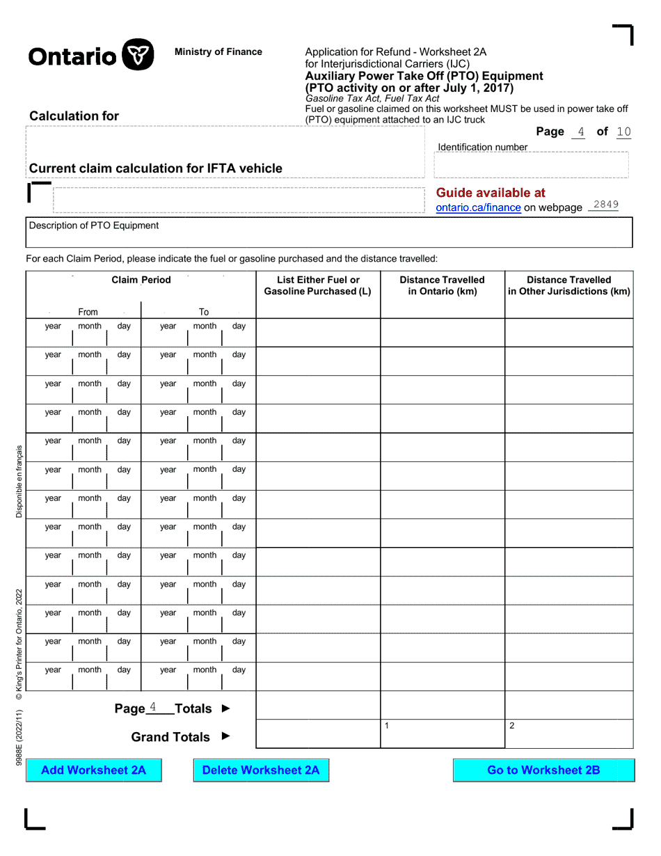Form 9988E Application for Refund - Summary Auxiliary Power Take off (Pto) Equipment (Pto Activity on or After July 1, 2017) - Ontario, Canada, Page 6