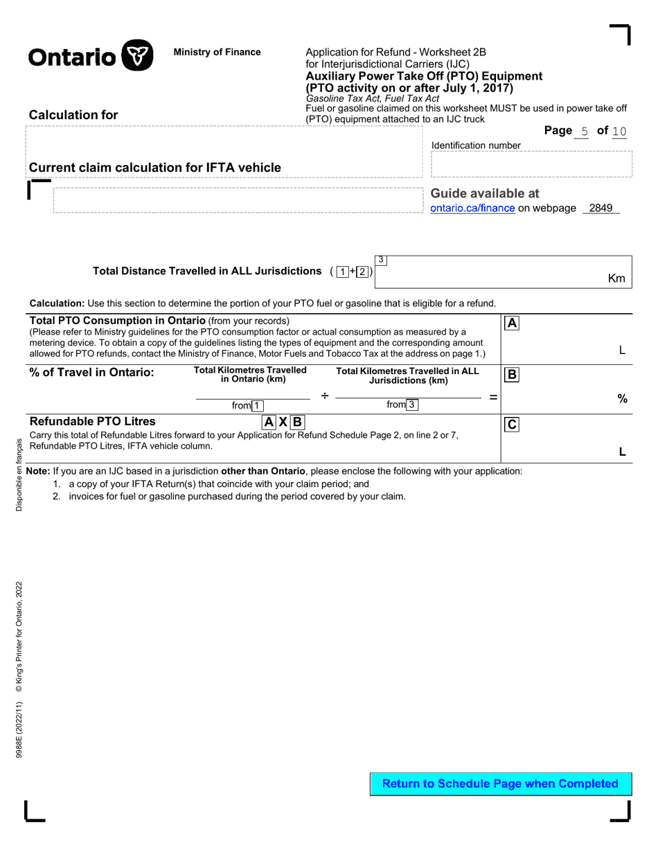 Form 9988E Application for Refund - Summary Auxiliary Power Take off (Pto) Equipment (Pto Activity on or After July 1, 2017) - Ontario, Canada, Page 7