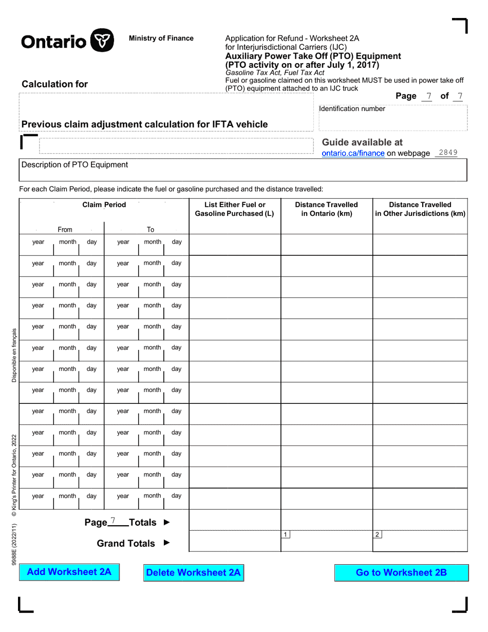 Form 9988E Application for Refund - Summary Auxiliary Power Take off (Pto) Equipment (Pto Activity on or After July 1, 2017) - Ontario, Canada, Page 9