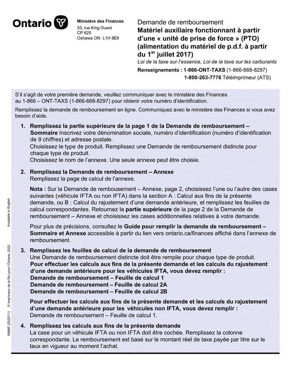 Forme 9988F Materiel Auxiliaire Fonctionnant a Partir Dune Unite De Prise De Force (Pto) (Alimentation Du Materiel De P.d.f. a Partir Du 1er Juillet 2017) - Ontario, Canada (French), Page 1