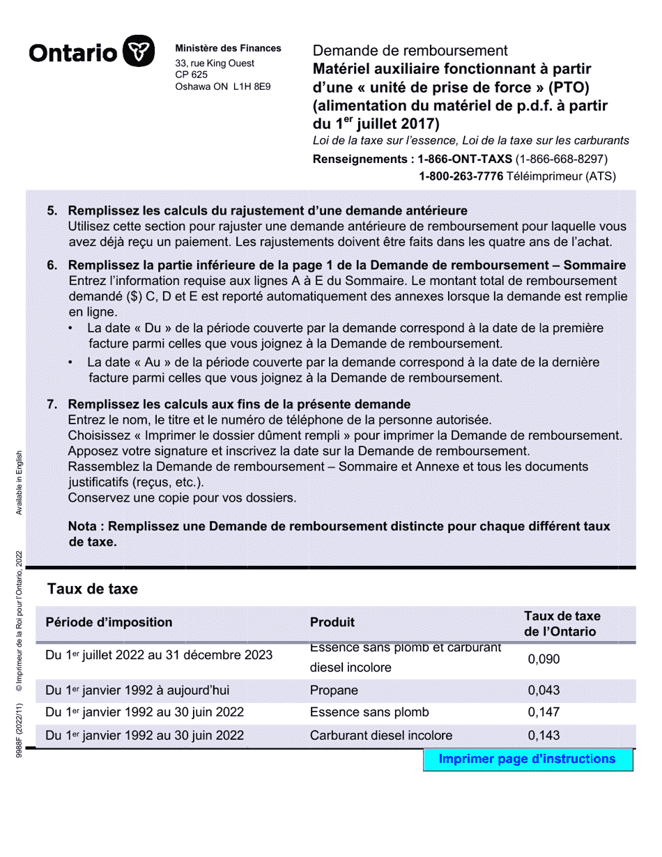 Forme 9988F Materiel Auxiliaire Fonctionnant a Partir Dune Unite De Prise De Force (Pto) (Alimentation Du Materiel De P.d.f. a Partir Du 1er Juillet 2017) - Ontario, Canada (French), Page 2