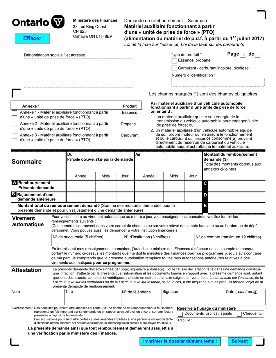 Forme 9988F Materiel Auxiliaire Fonctionnant a Partir Dune Unite De Prise De Force (Pto) (Alimentation Du Materiel De P.d.f. a Partir Du 1er Juillet 2017) - Ontario, Canada (French), Page 3