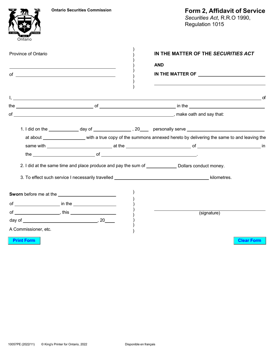 Form 2 (10057PE) Affidavit of Service - Ontario, Canada, Page 1