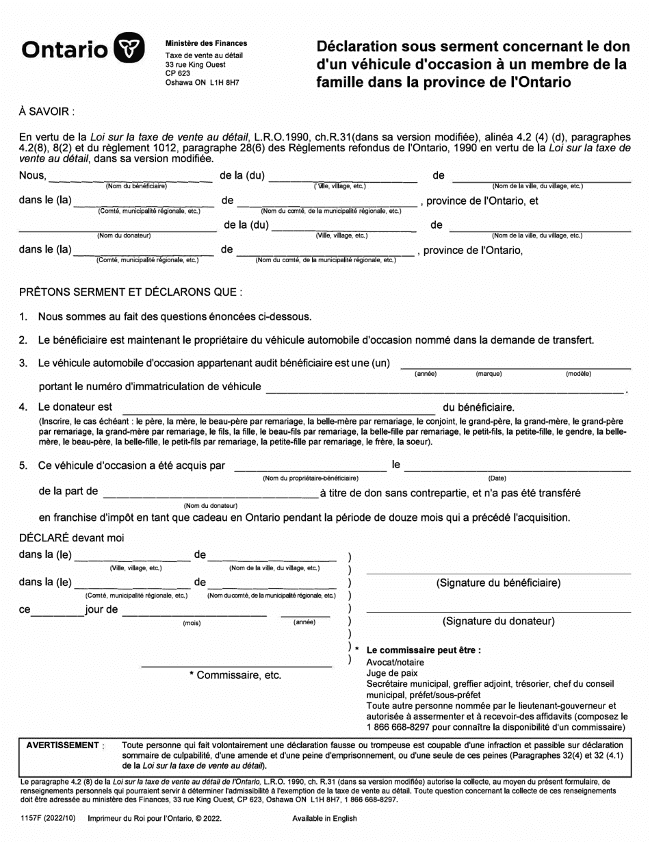 Forme 1157F Declaration Sous Serment Concernant Le Don Dun Vehicule Doccasion a Un Membre De La Famille Dans La Province De Lontario - Ontario, Canada (French), Page 1