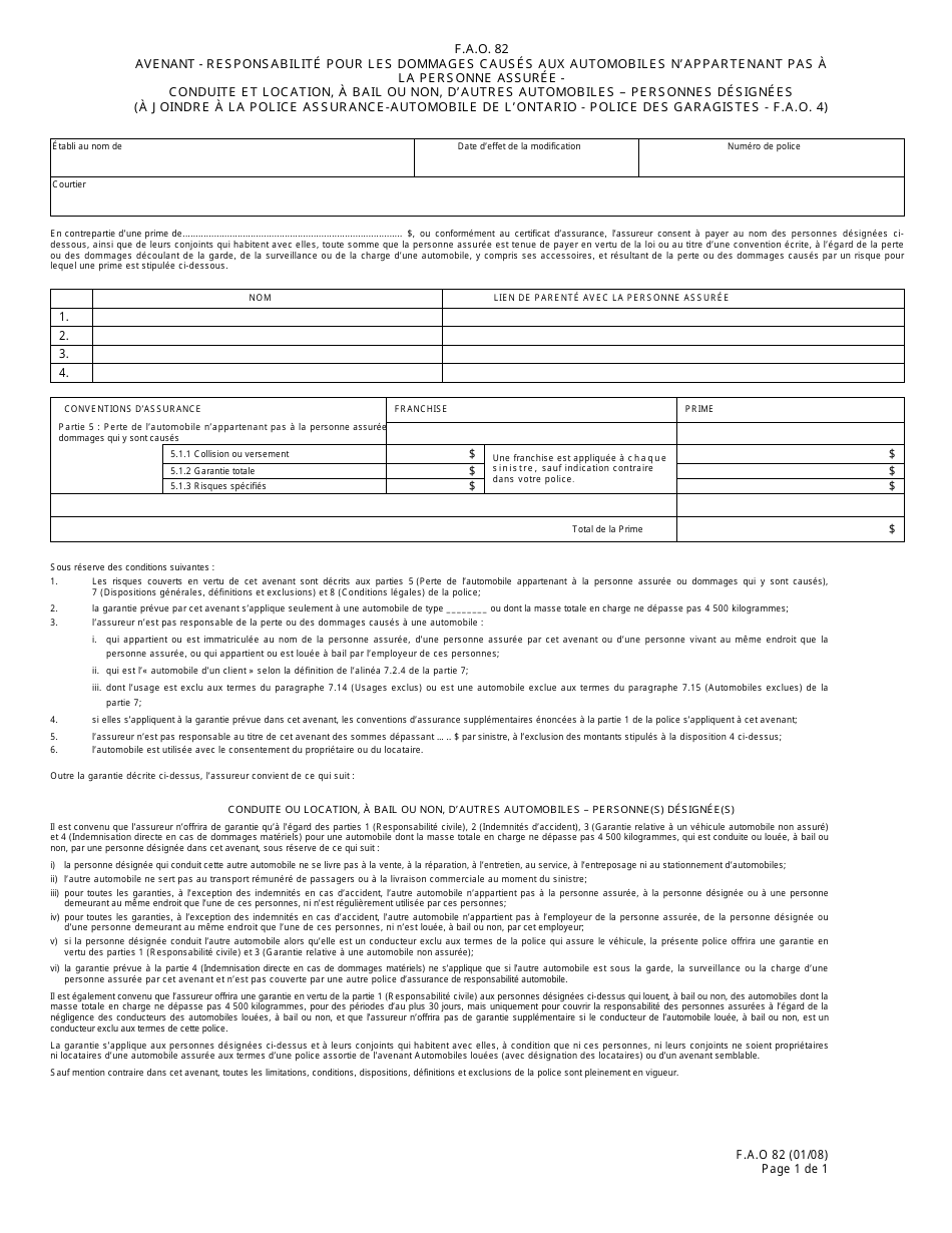 Forme 013-2710 Responsabilite Pour Les Dommages Causes Aux Automobiles Nappartenant Pas a La Personne Assuree Conduite Dautres Automobiles - Personnes Designees (F.a.o. 82) - Ontario, Canada (French), Page 1