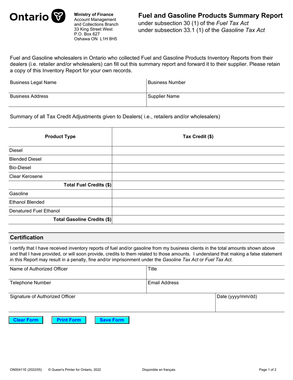 Form ON00411E Fuel and Gasoline Products Summary Report - Ontario, Canada, Page 1