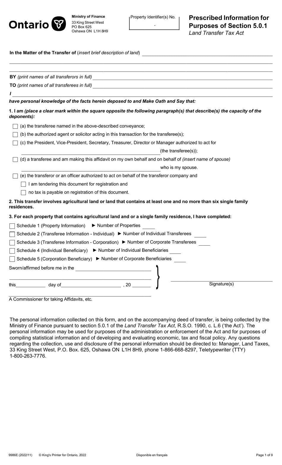 Form 9986E Prescribed Information for Purposes of Section 5.0.1 - Ontario, Canada, Page 1