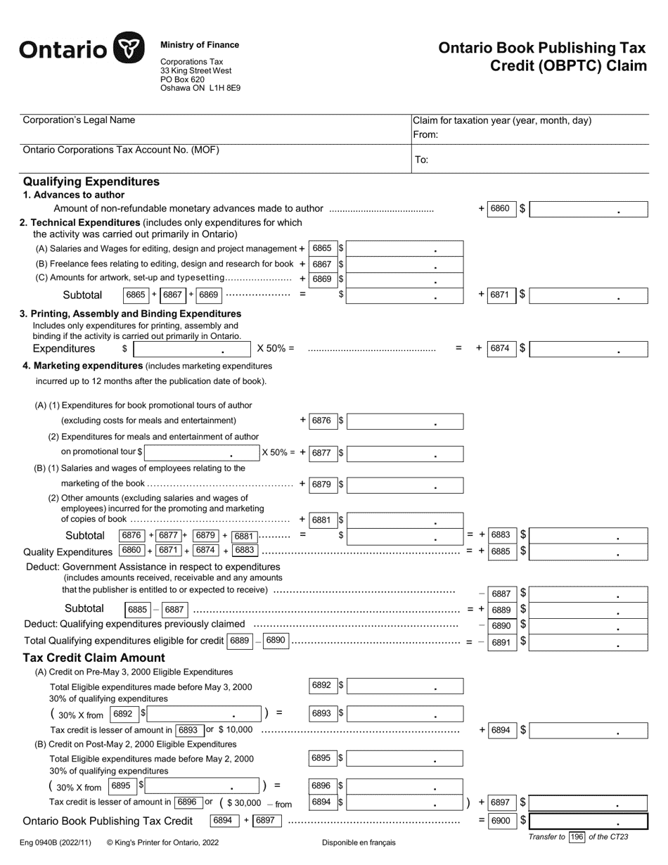 Form 0940B Download Fillable PDF or Fill Online Ontario Book Publishing