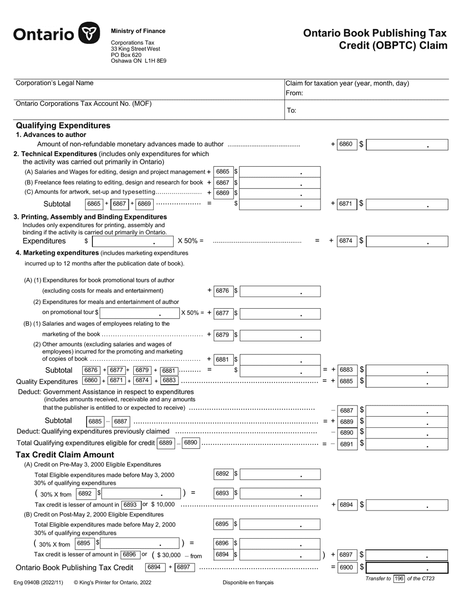 Form 0940B Ontario Book Publishing Tax Credit (Obptc) Claim - Ontario, Canada, Page 1
