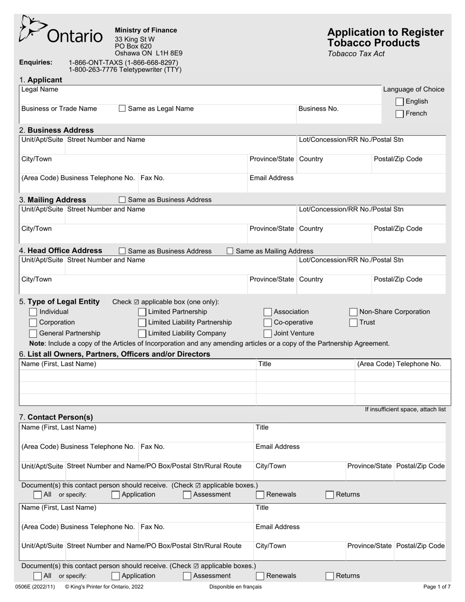 Form 0506E Application to Register Tobacco Products - Ontario, Canada, Page 1