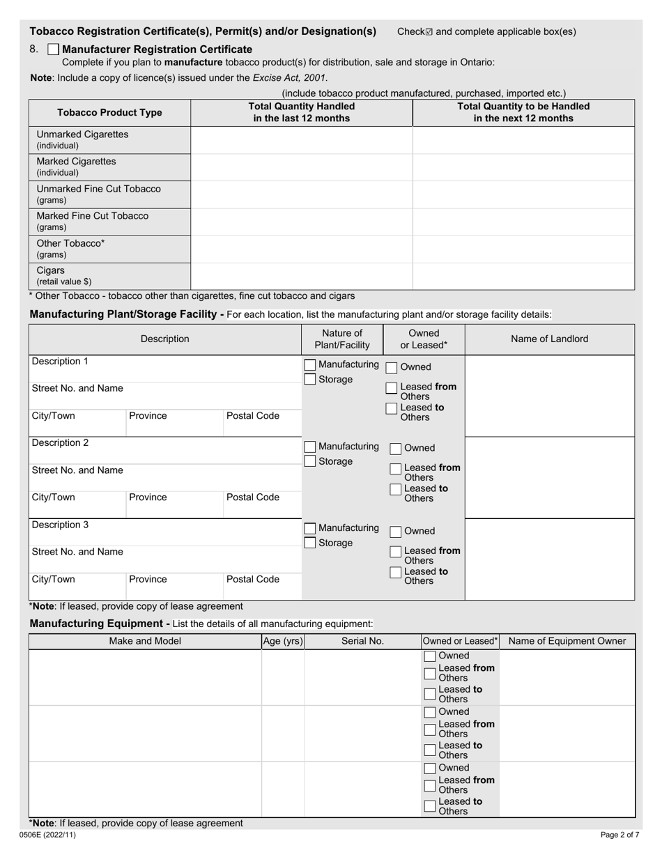 Form 0506E Application to Register Tobacco Products - Ontario, Canada, Page 2