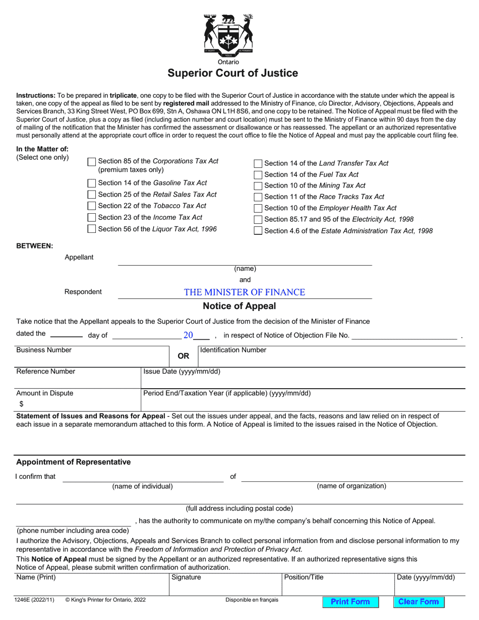 Form 1246E Notice of Appeal - Various Acts - Ontario, Canada, Page 1