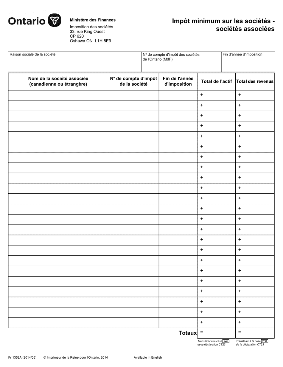 Forme 1352A Impot Minimum Sur Les Societes - Societes Associees - Ontario, Canada (French), Page 1