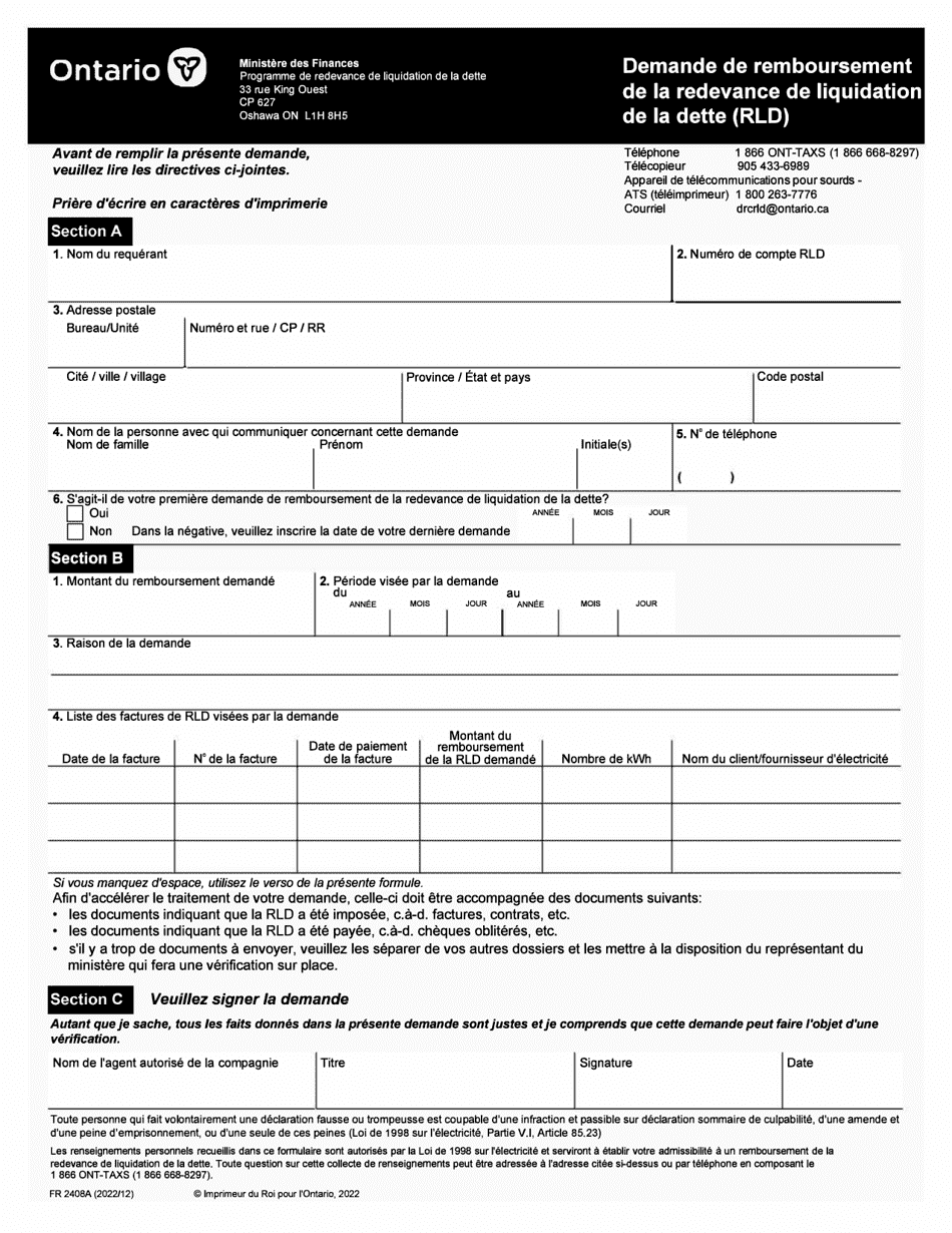 Forme 2408A Demande De Remboursement De La Redevance De Liquidation De La Dette (Rld) - Ontario, Canada (French), Page 1