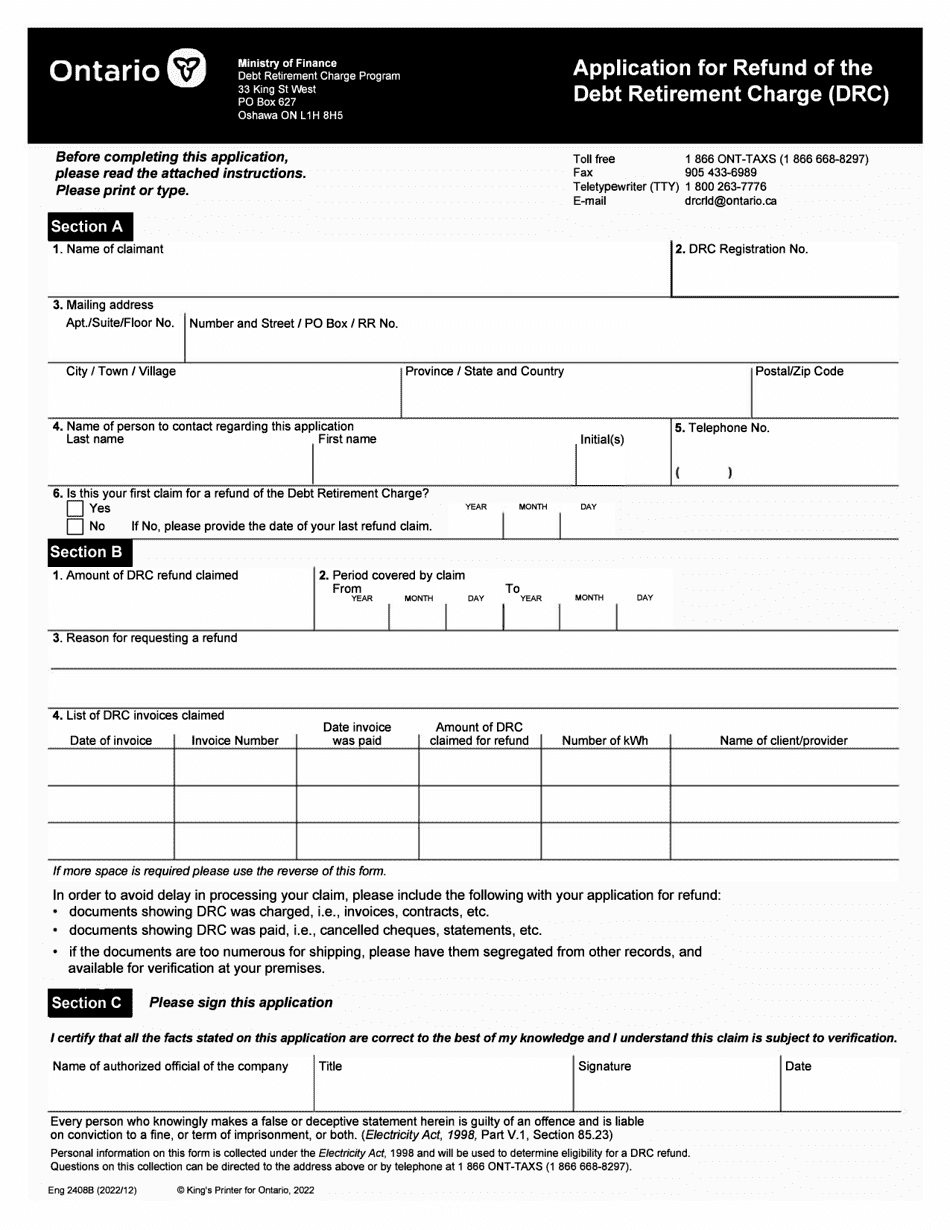 Form 2408B Application for Refund of the Debt Retirement Charge (Drc) - Ontario, Canada, Page 1