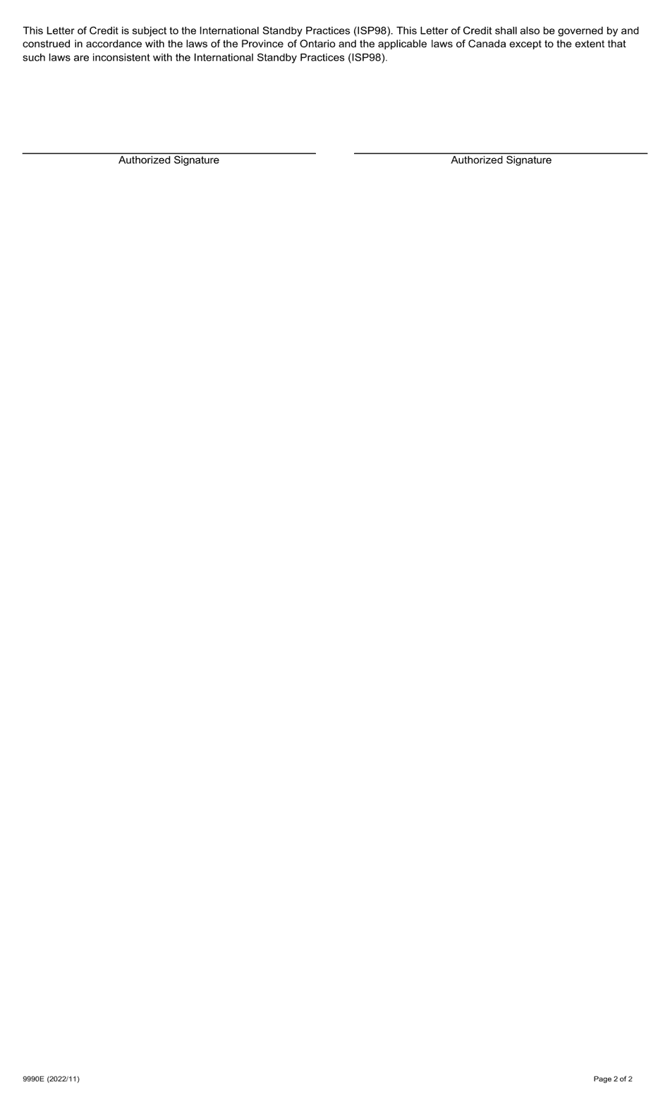 Form 9990E Irrevocable Standby Letter of Credit - Ontario, Canada, Page 2