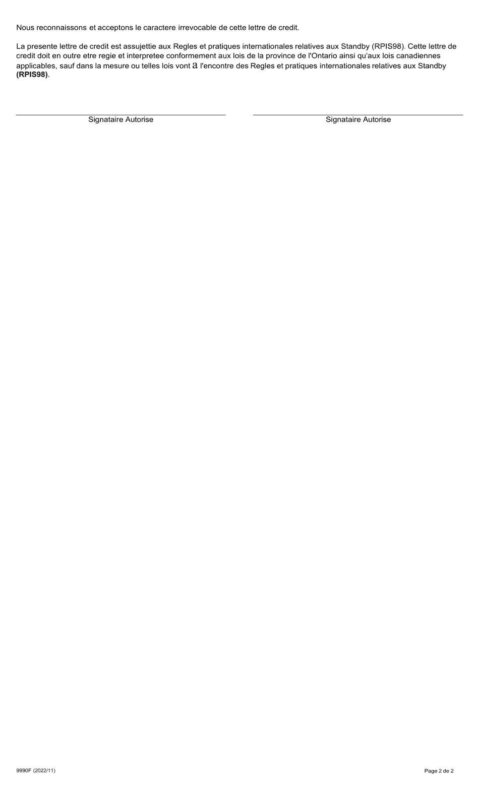 Forme 9990F Lettre De Credit De Soutien Irrevocable - Ontario, Canada (French), Page 2
