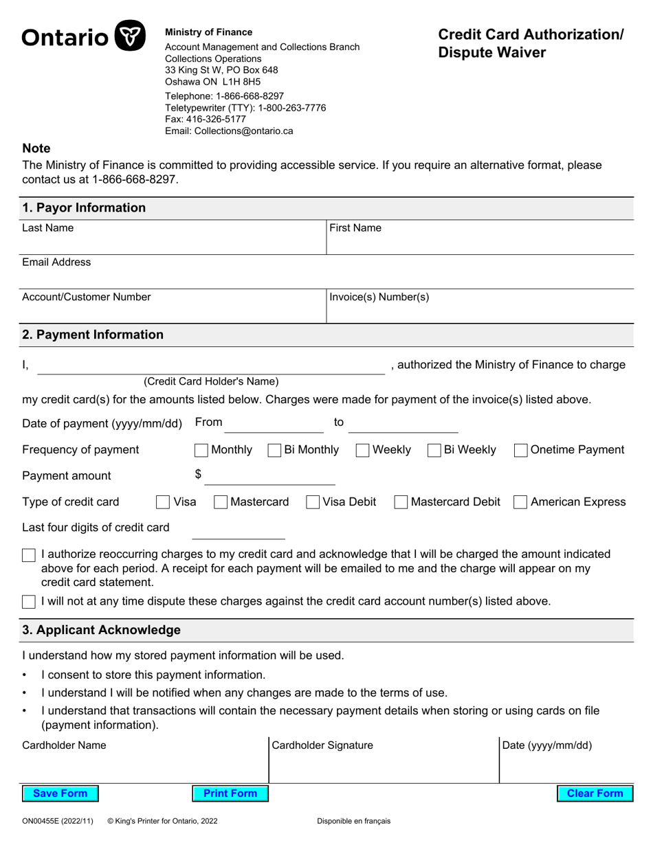 Form ON00455E Credit Card Authorization / Dispute Waiver - Ontario, Canada, Page 1