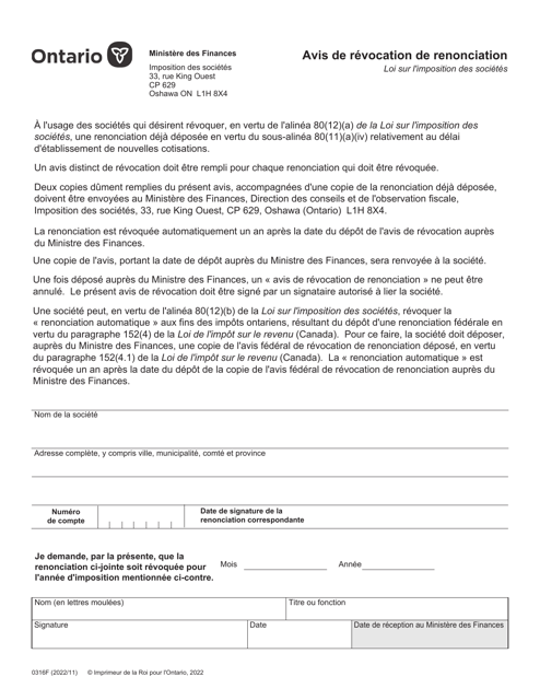 Forme 0316F Avis De Revocation De Renonciation - Ontario, Canada (French)
