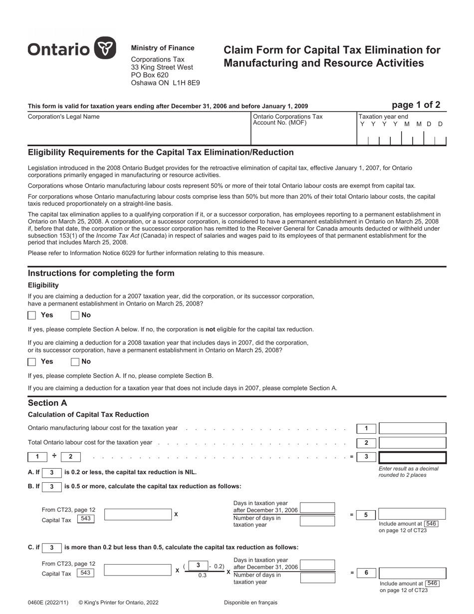 Form 0460E Claim Form for Capital Tax Elimination for Manufacturing and Resource Activities - Ontario, Canada, Page 1