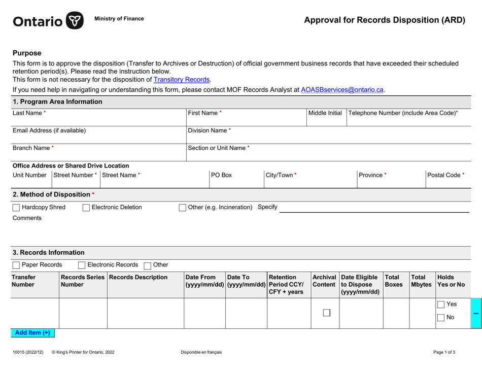 Form 10015 Approval for Records Disposition (Ard) - Ontario, Canada, Page 1