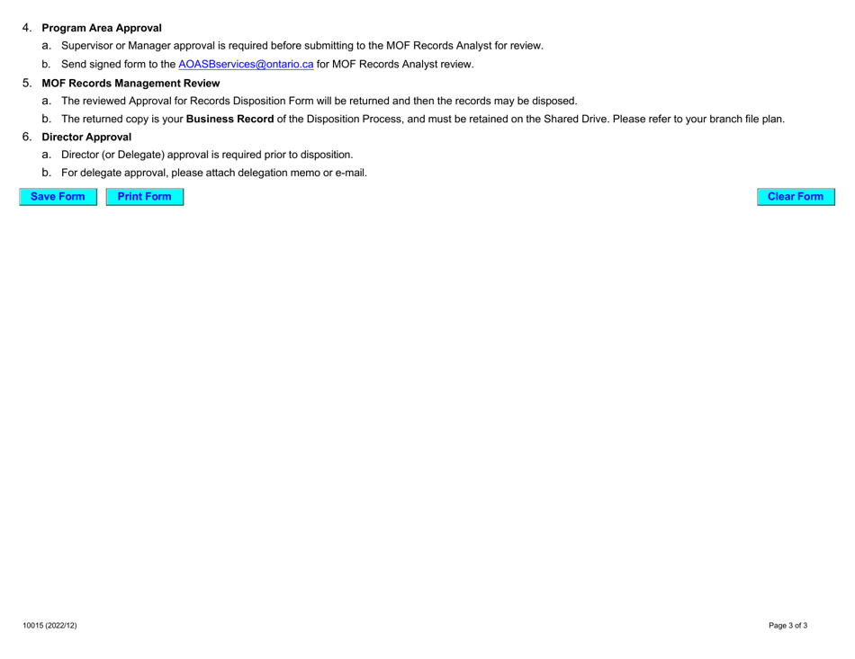Form 10015 Approval for Records Disposition (Ard) - Ontario, Canada, Page 3