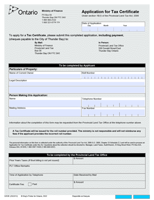 Form 0253E Application for Tax Certificate - Ontario, Canada