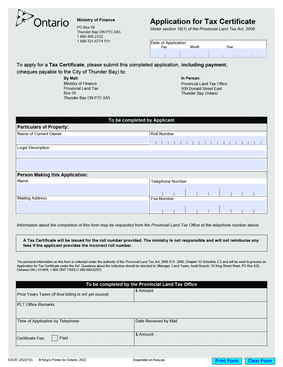 Form 0253E Application for Tax Certificate - Ontario, Canada, Page 1