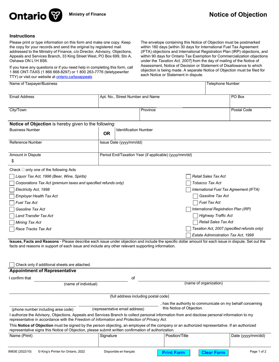 Form 9983E Mail Notice of Objection - Ontario, Canada, Page 1
