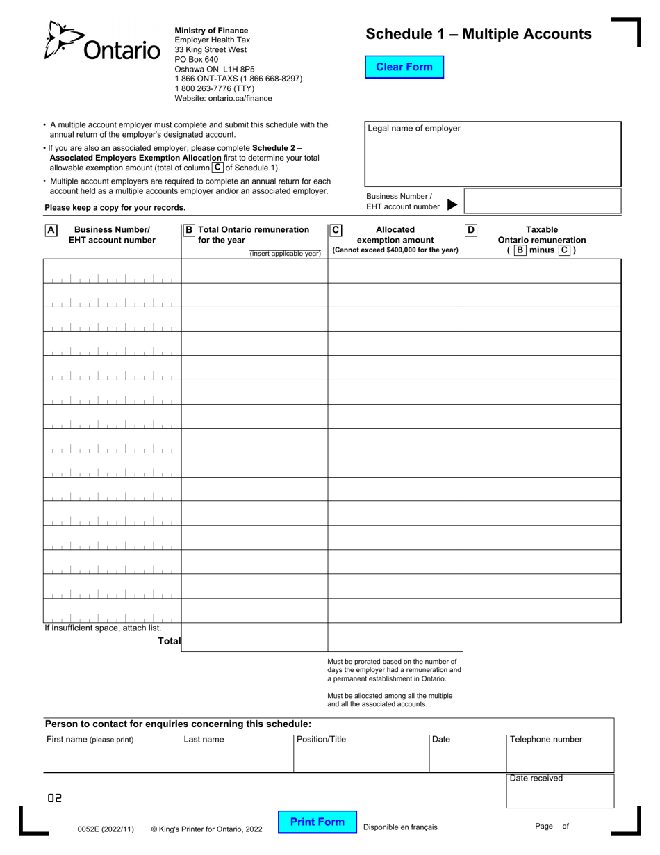Form 0052E Schedule 1 Multiple Accounts - Ontario, Canada, Page 1