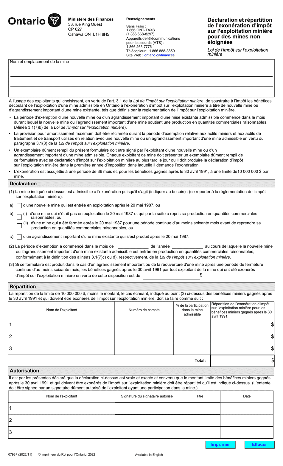 Forme 0793F Declaration Et Repartition De Lexoneration Dimpot Sur Lexploitation Miniere Pour DES Mines Non Eloignees - Ontario, Canada (French), Page 1