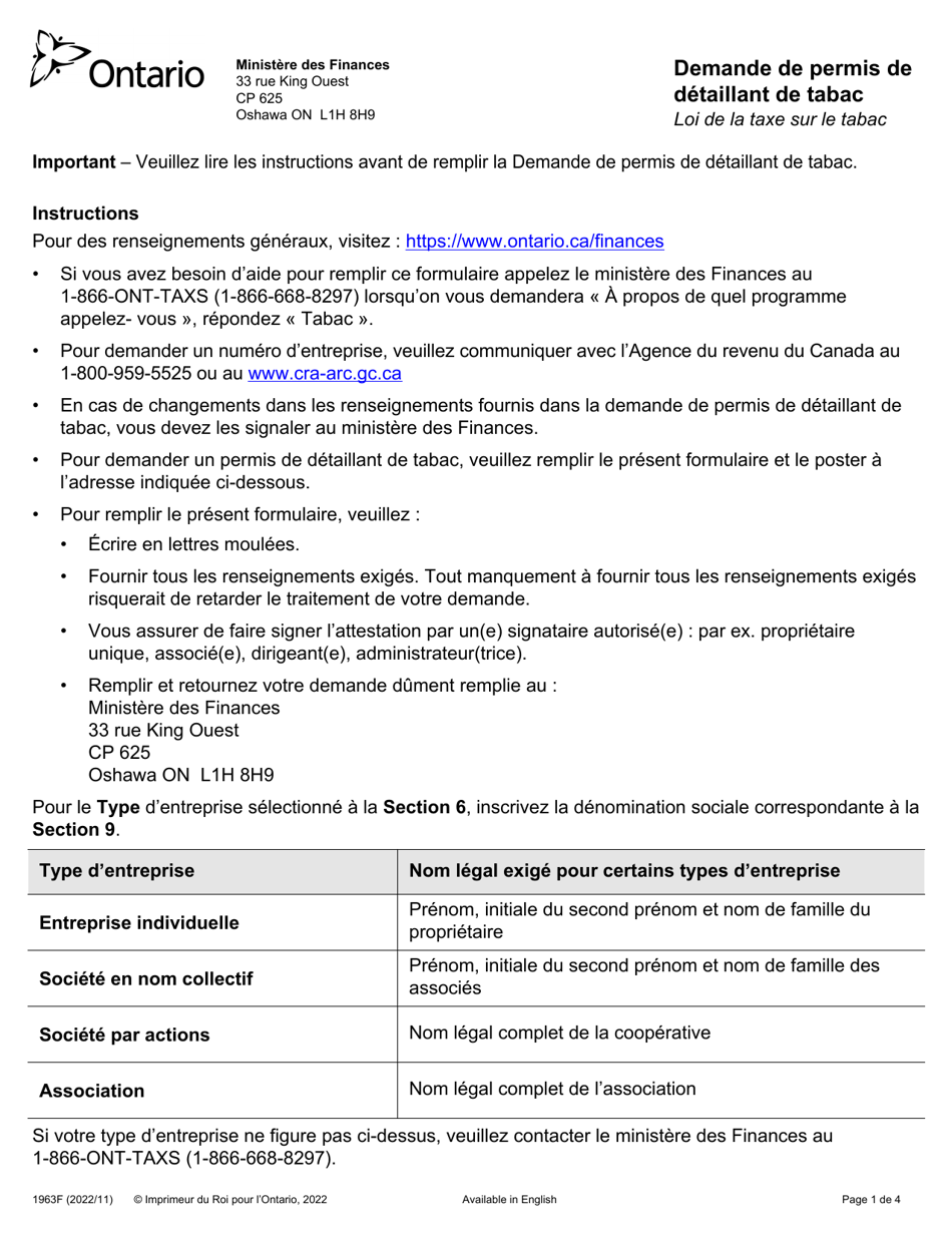 Forme 1963F Demande De Permis De Detaillant De Tabac - Ontario, Canada (French), Page 1