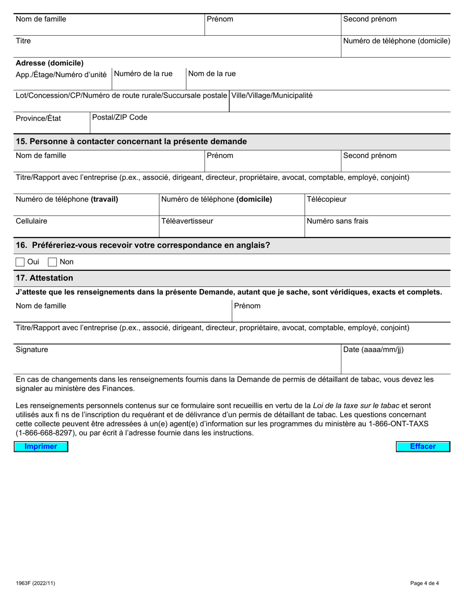 Forme 1963F Demande De Permis De Detaillant De Tabac - Ontario, Canada (French), Page 4