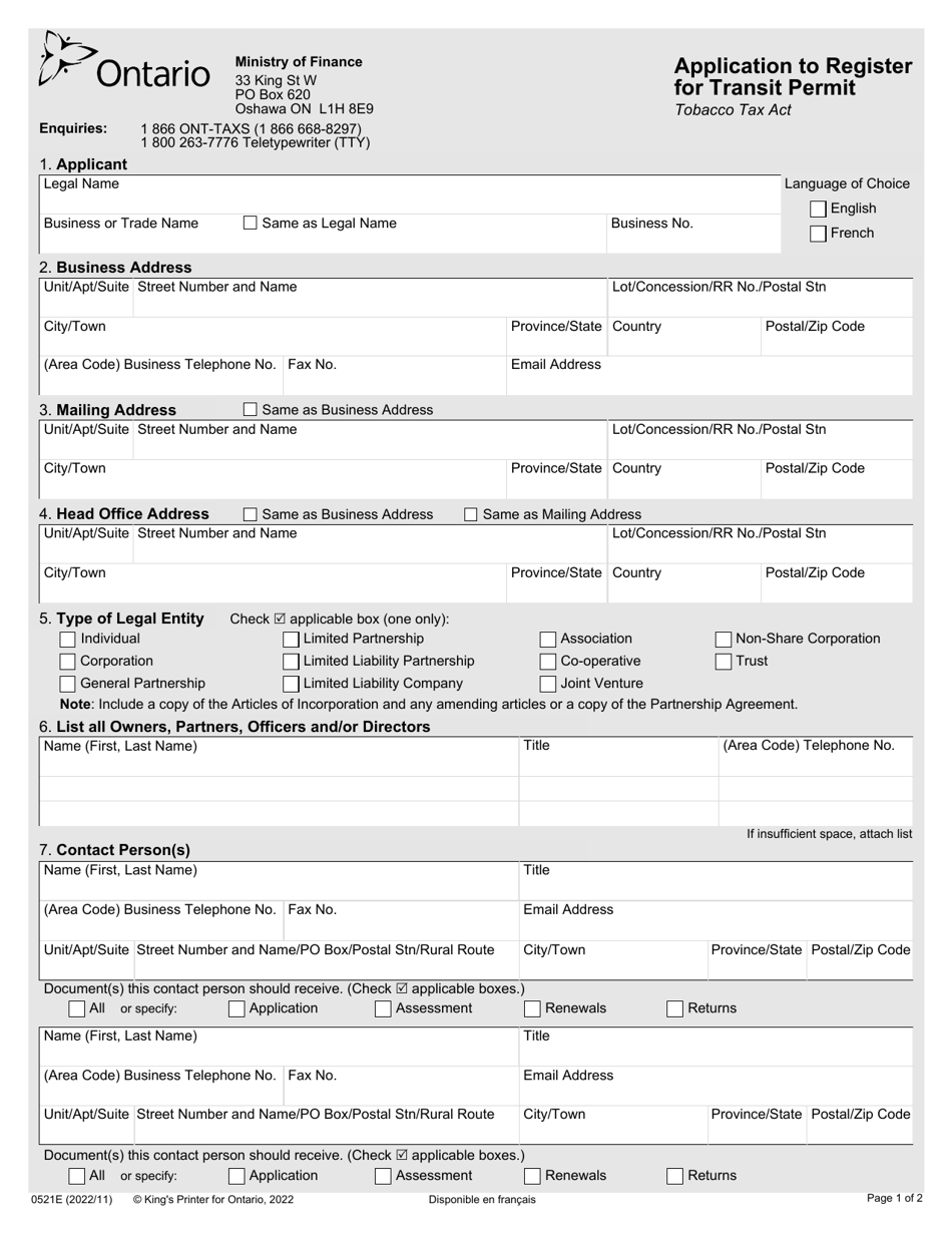 Form 0521E Fill Out Sign Online And Download Fillable PDF Ontario   Form 0521e Application To Register For Transit Permit Ontario Canada Print Big 