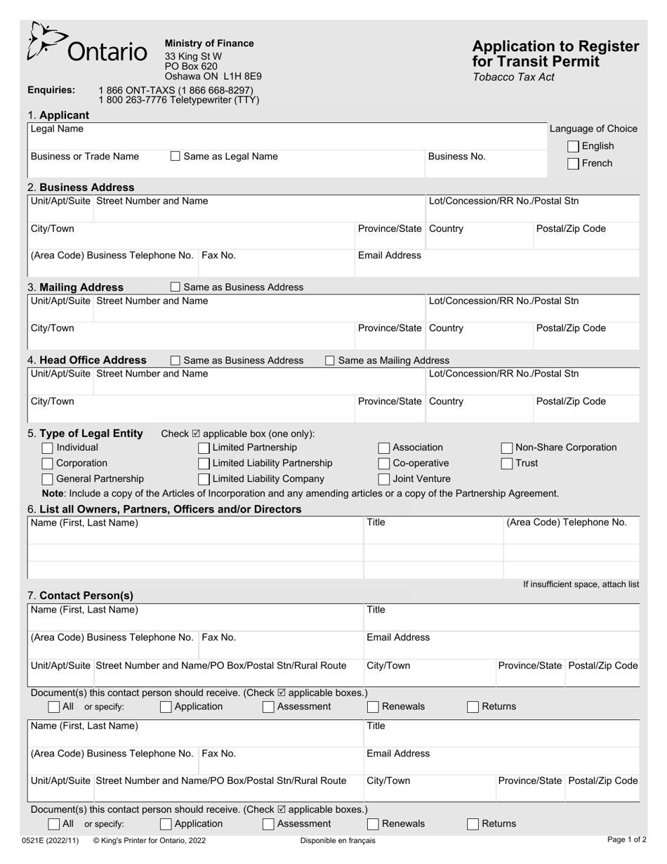 Form 0521E Application to Register for Transit Permit - Ontario, Canada, Page 1