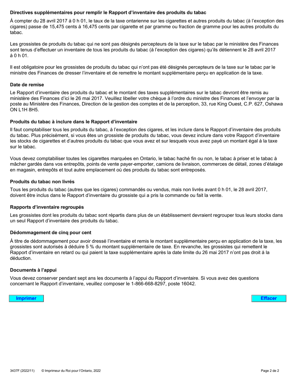 Forme 3437F Rapport Dinventaire DES Produits Du Tabac - Ontario, Canada (French), Page 2