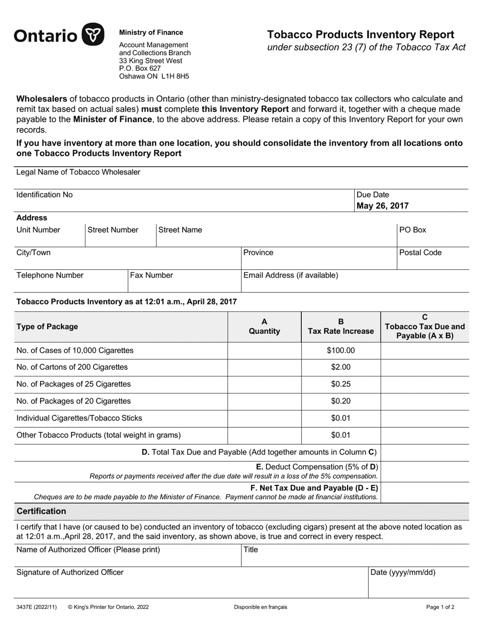 Form 3437E Tobacco Products Inventory Report - Ontario, Canada, Page 1