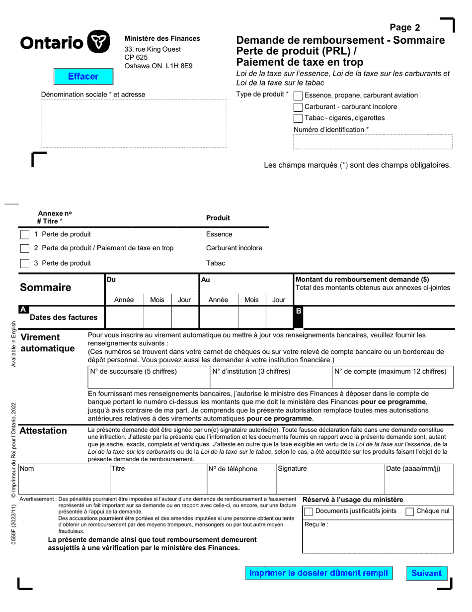 Forme 0550F Demande De Remboursement Perte De Produit (Prl) / Paiement De Taxe En Trop - Ontario, Canada (French), Page 3