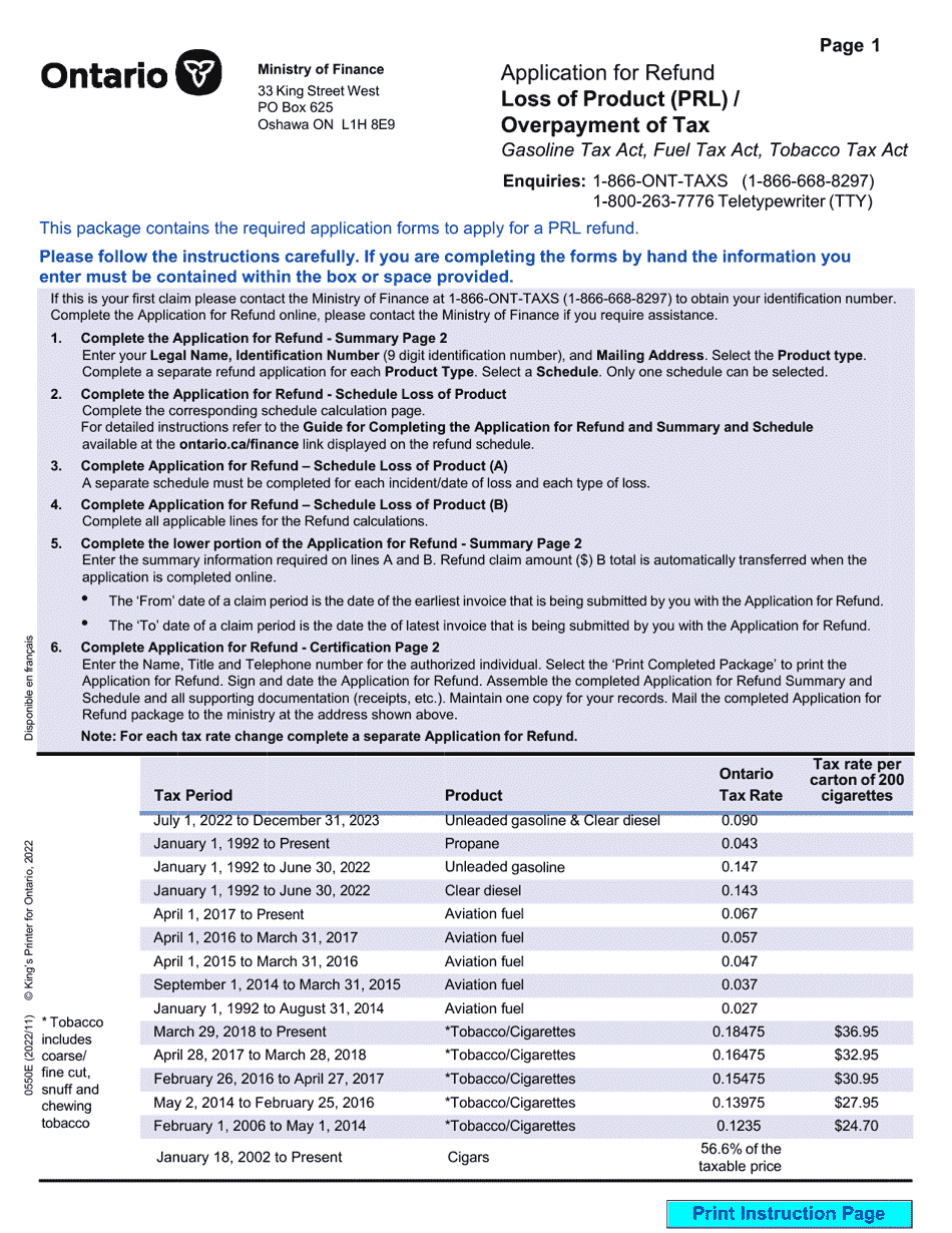 Form 0550E Application for Refund - Summary Loss of Product (Prl) / Overpayment of Tax - Ontario, Canada, Page 1