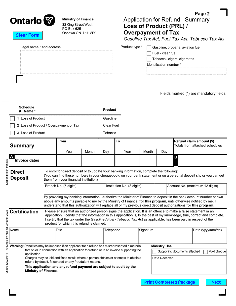 Form 0550E Application for Refund - Summary Loss of Product (Prl) / Overpayment of Tax - Ontario, Canada, Page 2