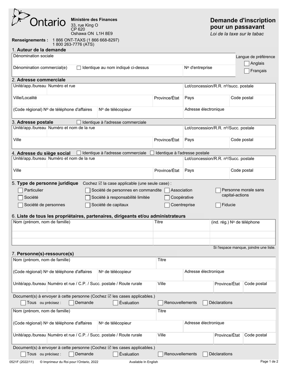 Forme 0521F Demande Dinscription Pour Un Passavant - Ontario, Canada (French), Page 1