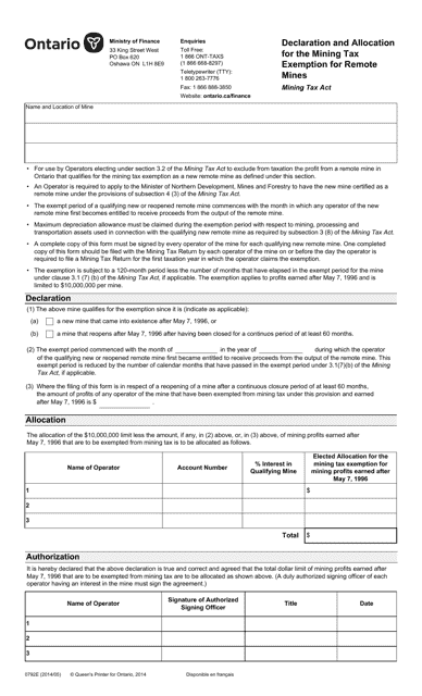 Form 0792E Declaration and Allocation for the Mining Tax Exemption for Remote Mines - Ontario, Canada