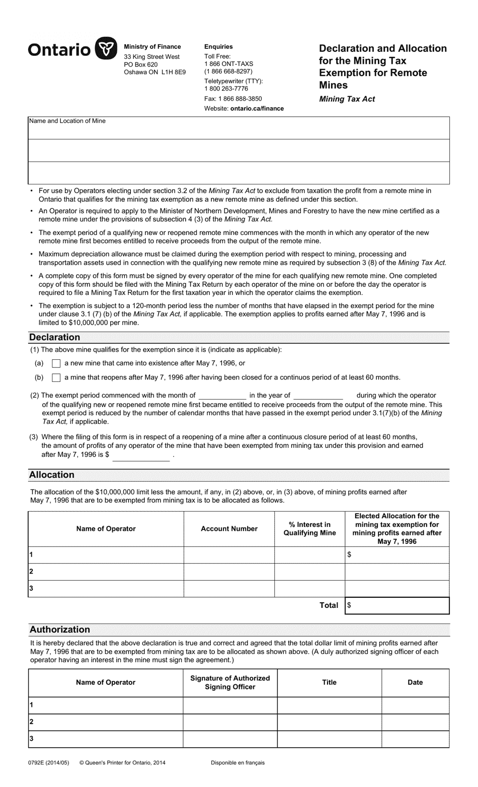 Form 0792E Declaration and Allocation for the Mining Tax Exemption for Remote Mines - Ontario, Canada, Page 1