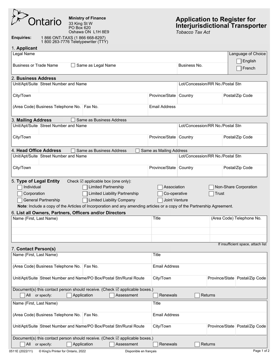 Form 0511E Application to Register for Interjurisdictional Transporter - Ontario, Canada, Page 1