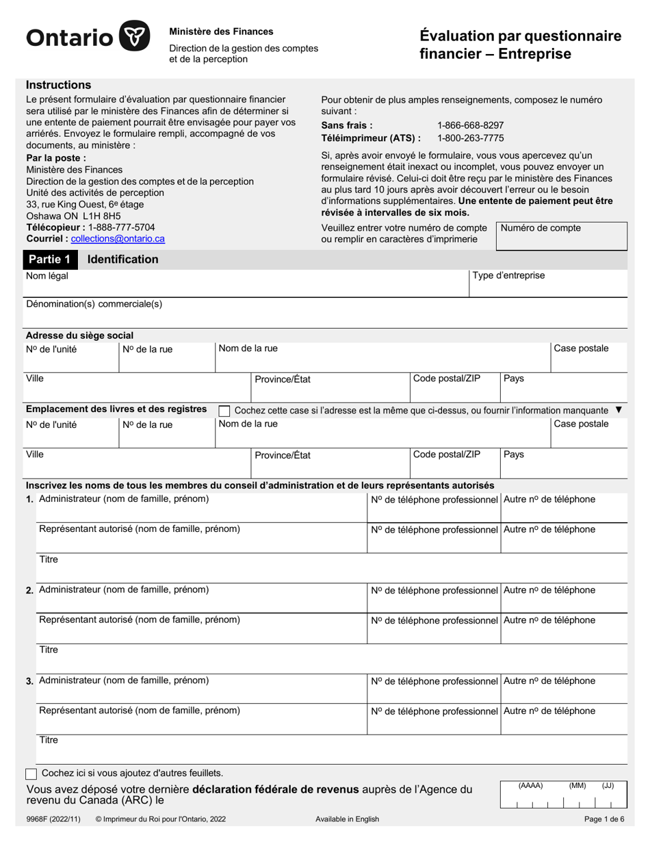 Forme 9968F Evaluation Par Questionnaire Financier - Entreprise - Ontario, Canada (French), Page 1